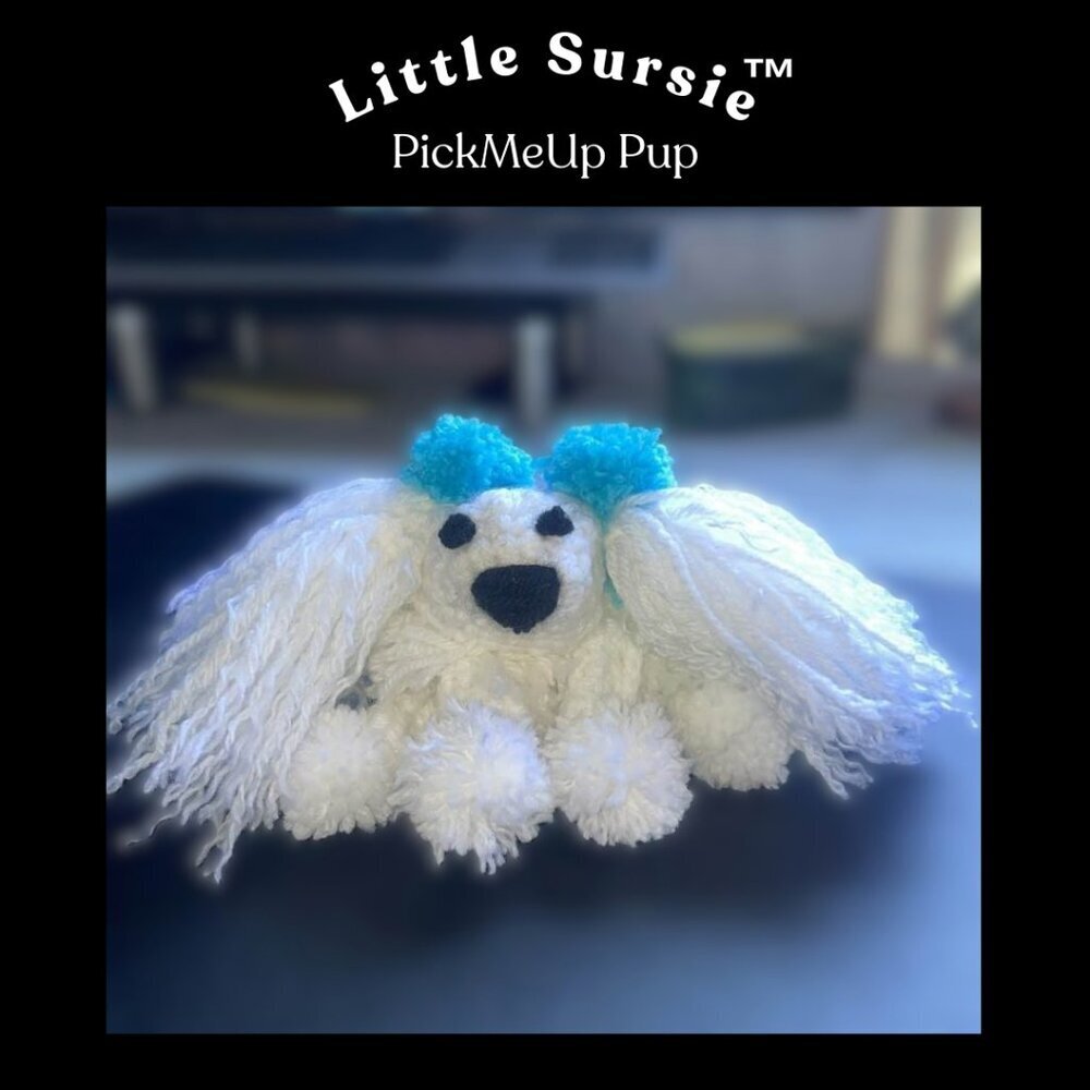 Handmade Crocheted Amigurumi. White Fluffy Long Hair Dog Little Sursie
